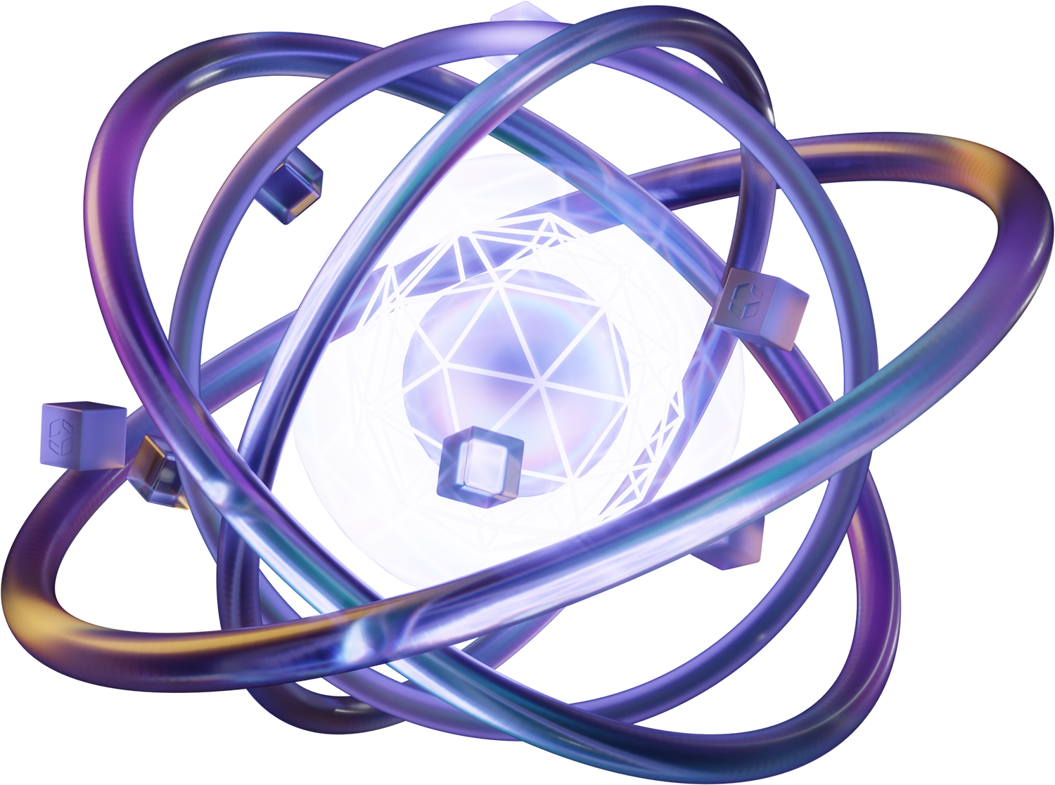 A large glass atom structure surrounding a wireframe cage protecting a glowing sphere.
